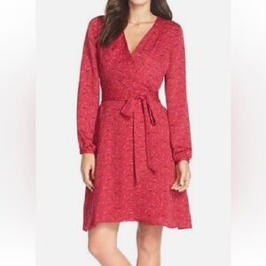 Adrianna Papell Women’s Size 6 Red Pink V Neck Long Sleeve Midi Dress